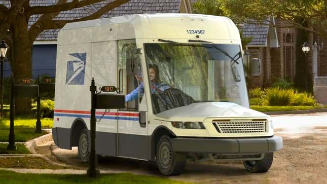 A render of the next-generation mail truck driving on a street. 