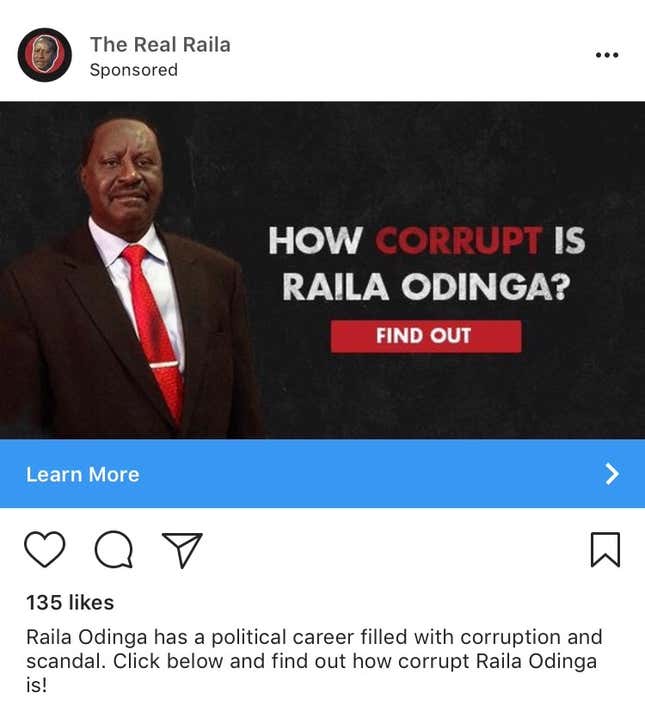 Sponsored ad on Instagram targeting presidential candidate Raila Odinga