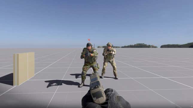Two Modern Warfare 2 soldiers stand side-by-side in front of the barrel of the player's pistol.