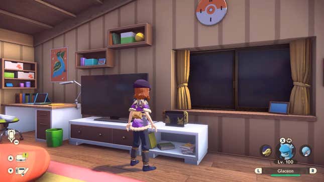 A trainer walking about a modern Pokemon bedroom with a Nintendo Switch.