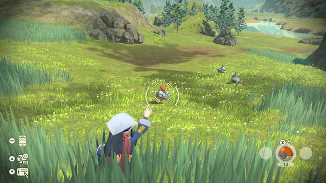A Pokémon Legends: Arceus players attempts to discreetly catch a Starly while hiding in tall grass.