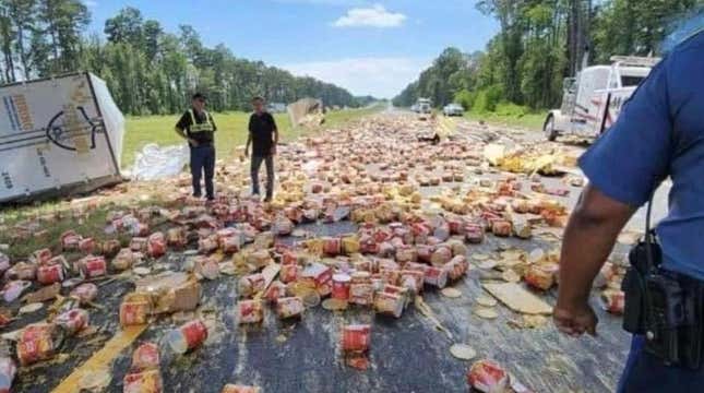 Cans of queso spilled on the highway in Arkansas