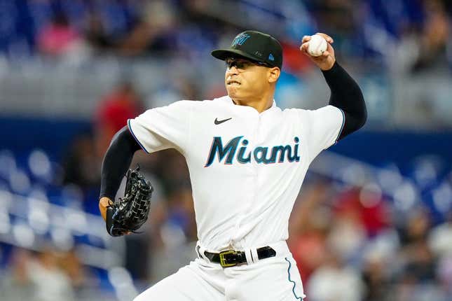 Apr 17, 2023; Miami, Florida, USA; Miami Marlins starting pitcher Jesus Luzardo (44) throws a pitch against the San Francisco Giants during the first inning at loanDepot Park.