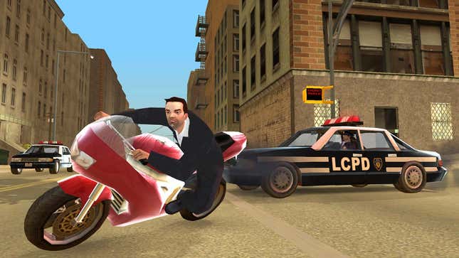 A screenshot shows a man on a bike in Liberty City Stories. 
