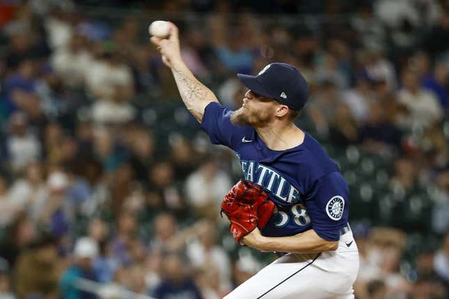 July 1, 2022;  Seattle, Washington, USA;  Seattle Mariners relief pitcher Ken Giles (58) throws against the Oakland Athletics in the ninth inning at T-Mobile Park.