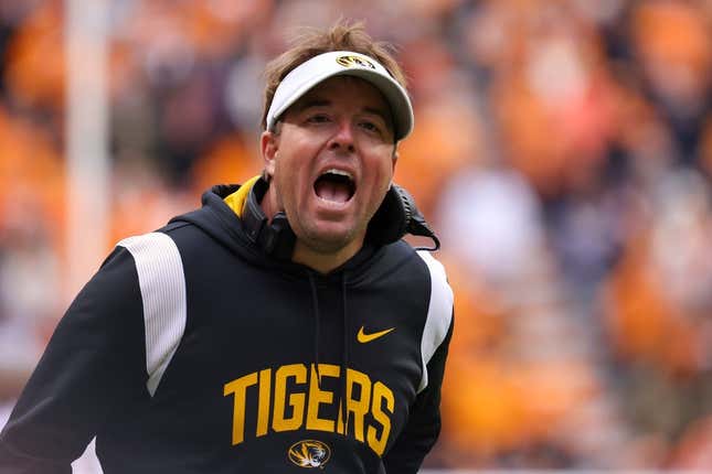 Nov 12, 2022; Knoxville, Tennessee, USA; Missouri Tigers head coach Eliah Drinkwitz reacts to an officials call during the second half against the Tennessee Volunteers at Neyland Stadium.