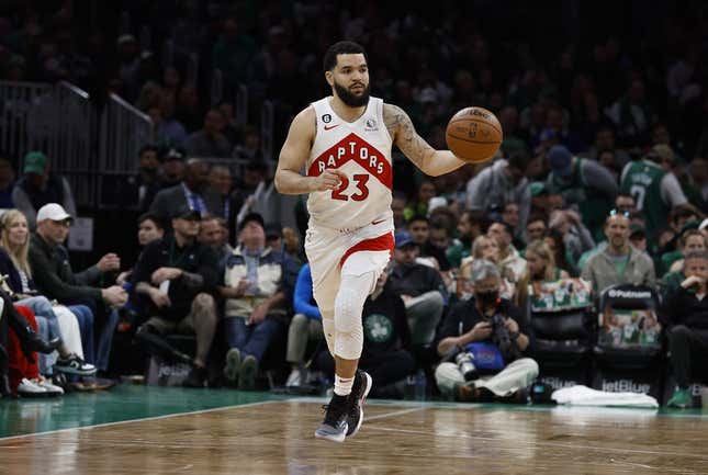 Apr 7, 2023; Boston, MA, USA; Toronto Raptors guard Fred VanVleet (23) drives the ball during the first quarter of a game against the Boston Celtics at TD Garden.