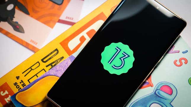 A photo of a Pixel 6 Pro with the Android 13 logo 