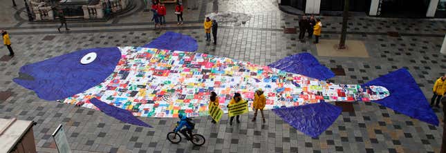 About 800 plastic shopping bags sewed together by Greenpeace activists in Vienna to protest ocean pollution.