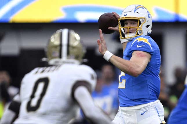 Aug 20, 2023; Inglewood, California, USA; Los Angeles Chargers quarterback Easton Stick (2) throws a pass during the first half against the New Orleans Saints at SoFi Stadium.