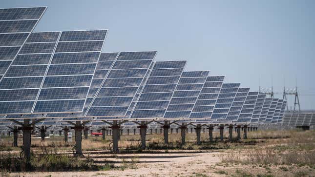 A solar farm produces electricity near Bakersfield, Texas on Saturday, April 10, 2021. 