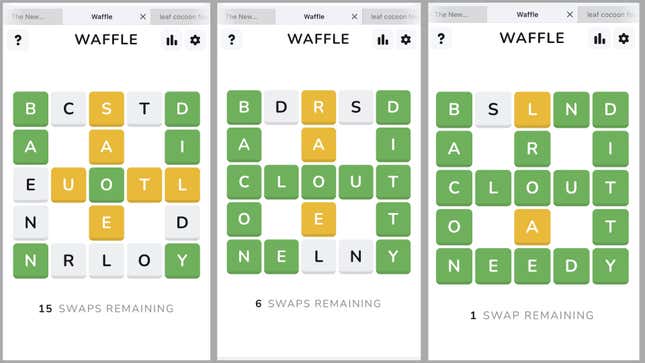 Three screenshots of Waffle: beginning, middle, and end of game. 