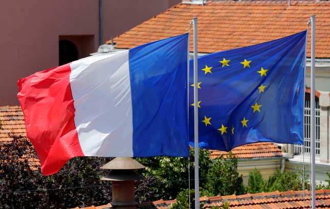 Flags of France and European Union flutter above the French Consulate in central Istanbul, Turkey, July 13, 2016. REUTERS/Murad Sezer