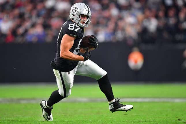 Nov 13, 2022; Paradise, Nevada, USA; Las Vegas Raiders tight end Foster Moreau (87) runs the ball against the Indianapolis Colts during the second half at Allegiant Stadium.
