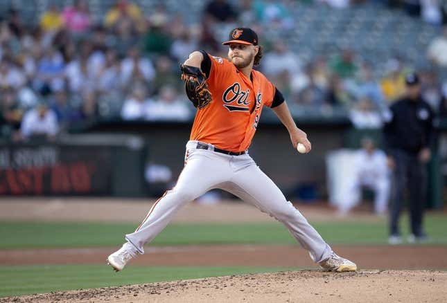 Aug 19, 2023; Oakland, California, USA; Baltimore Orioles starting pitcher Cole Irvin (19) pitches against the Oakland Athletics during the second inning at Oakland-Alameda County Coliseum.