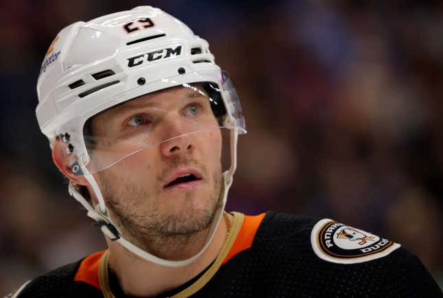 Jan 21, 2023; Buffalo, New York, USA;  Anaheim Ducks defenseman Dmitry Kulikov (29) during a stoppage in play against the Buffalo Sabres during the second period at KeyBank Center.