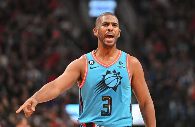 Dec 30, 2022; Toronto, Ontario, CAN; Phoenix Suns guard Chris Paul (3) reacts to an official s call against the Toronto Raptors in the first half at Scotiabank Arena.