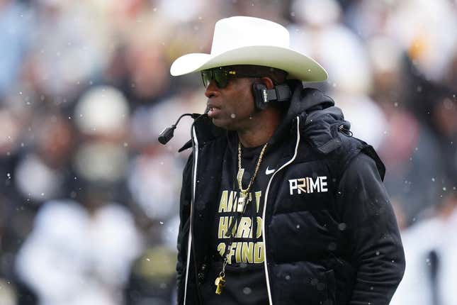 Apr 22, 2023; Boulder, CO, USA; Colorado Buffaloes head coach Deion Sanders during the first half of the spring game at Folsom Filed.