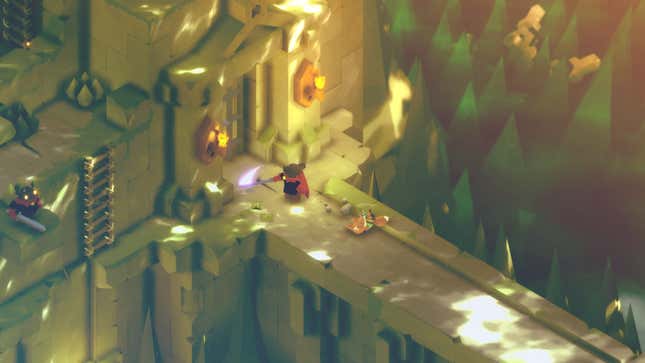 Tunic's hero crosses a stone bridge in a mysterious forest.