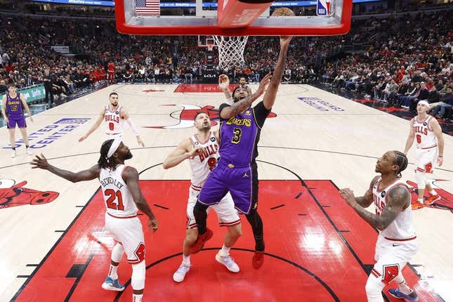 Mar 29, 2023; Chicago, Illinois, USA; Los Angeles Lakers forward Anthony Davis (3) goes to the basket against the Chicago Bulls during the first half at United Center.