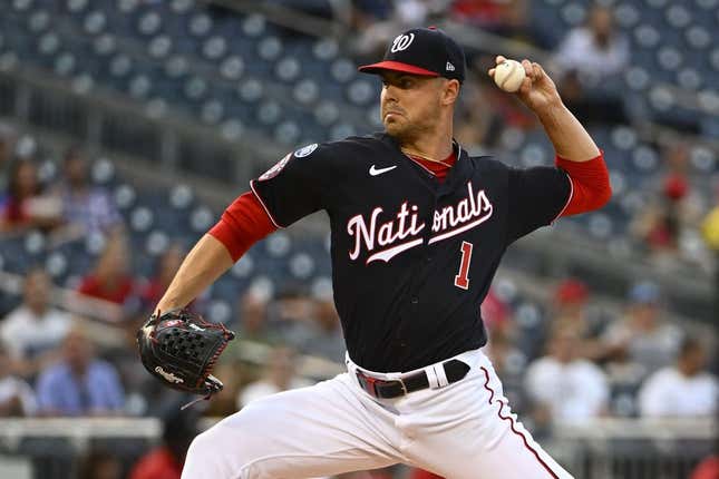 Aug 16, 2023; Washington, District of Columbia, USA; Washington Nationals starting pitcher MacKenzie Gore (1) throws to the Boston Red Sox during the first inning at Nationals Park.