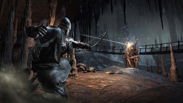 An image from Dark Souls 3 depicting the player character shooting an arrow at what appears to be a skeleton warrior.