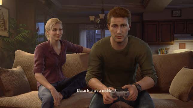 Nathan Drake and Elena are playing Crash Bandicoot on the PSX, sat on the couch.