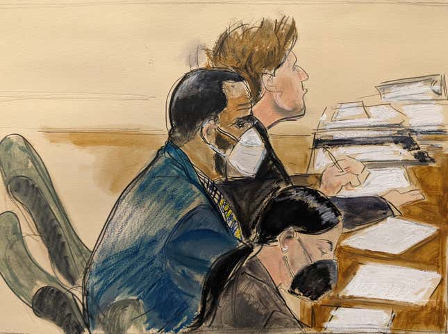 In this courtroom artist’s sketch R. Kelly, left, listens during his trial in New York, Thursday, Aug. 26, 2021. The 54-year-old Kelly has repeatedly denied accusations that he preyed on several alleged victims during a 30-year career highlighted by his mega hit “I Believe I Can Fly.”