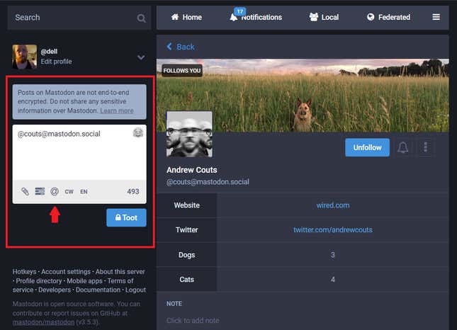 The highlighted box is where you type posts. It’s also where you send DMs. The arrow points to a setting that changes between the two.