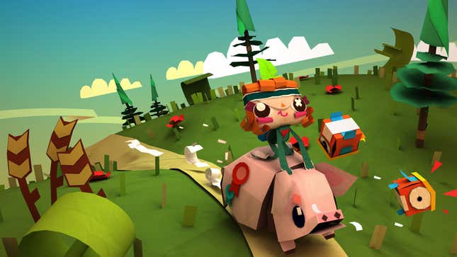 Atoi is seen riding a pig through a green field.