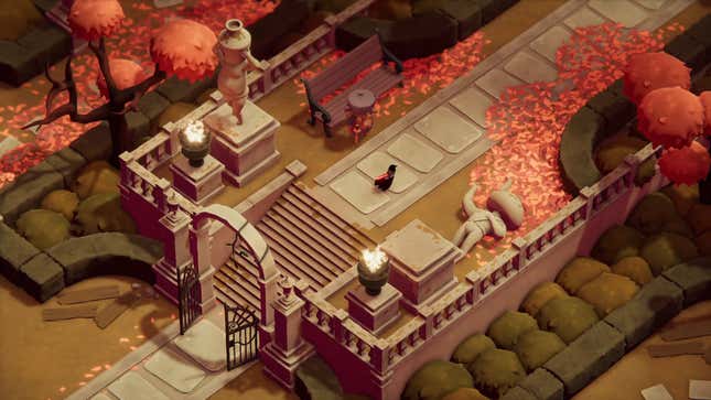 The crow walks down a pathway lined with orange leafed trees in autumn in Death's Door, one of the 2021 best games.