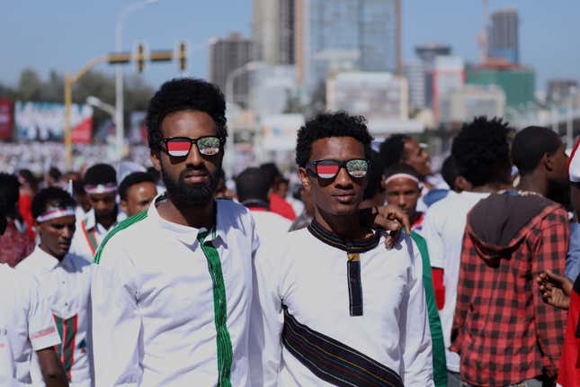 Ethiopian men dressed in traditional costumes take part in the Irreecha celebration, the Oromo People thanksgiving ceremony in Addis Ababa, Ethiopia. October 5, 2019.