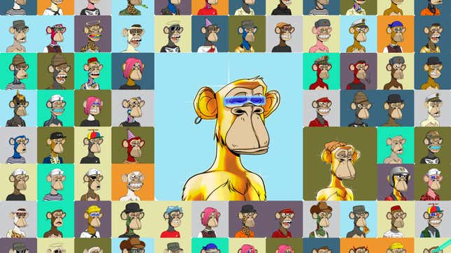 A collage of terrible artwork depicting cartoon apes with random clothing and expressions.