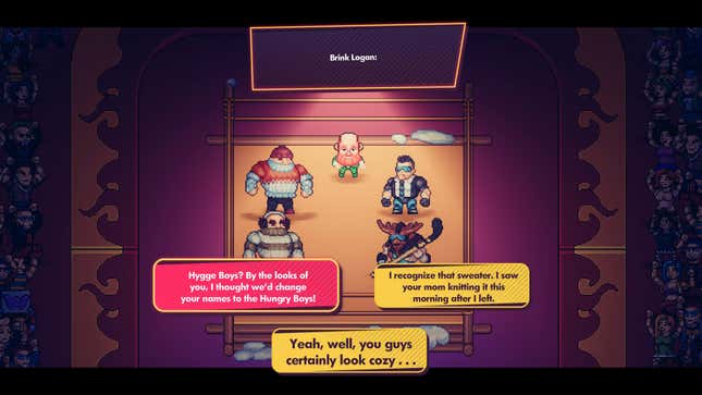 A WrestleQuest screenshot shows tag teams engaging in a pre-match promo.