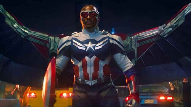 Anthony Mackie as the new Captain America in The Falcon and the Winter Soldier. He still wears his trademark wings but has a red white and blue suit with a large star on his chest, he's also carrying the famous vibranium shield.