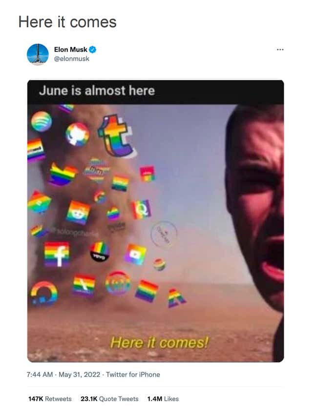 A screenshot of a meme stating "June is almost here" with a number of rainbow icons. Musk tweeted the meme.