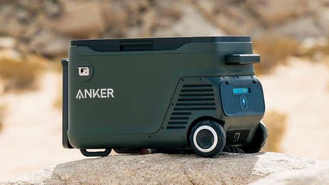 The Anker EverFrost cooler sitting on a large rock outdoors.