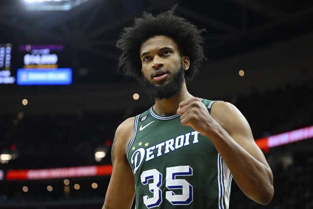 Mar 4, 2023; Cleveland, Ohio, USA; Detroit Pistons forward Marvin Bagley III (35) reacts in the fourth quarter against the Cleveland Cavaliers at Rocket Mortgage FieldHouse.