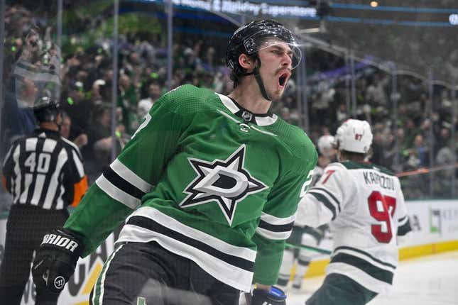 Apr 25, 2023; Dallas, Texas, USA; Dallas Stars left wing Mason Marchment (27) celebrates after he scores a goal against the Minnesota Wild during the second period in game five of the first round of the 2023 Stanley Cup Playoffs at American Airlines Center.