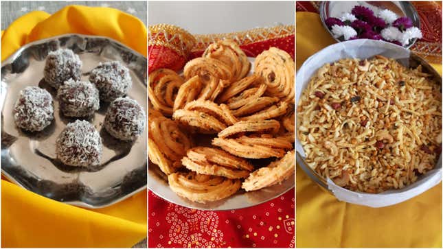 Diwali Khajur (nut) roll, chakri, and chevdo