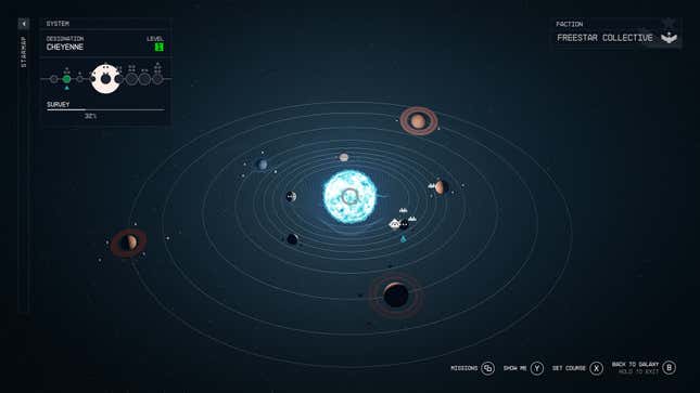 A screenshot of the starmap in Starfield, which shows a star system and several planets. 