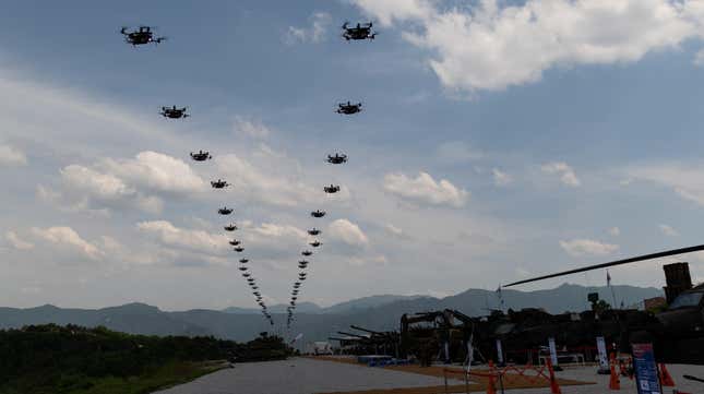 South Korean army drones fly during a joint live-fire exercise with US army at the Seungjin Fire Training Center in Pocheon, South Korea, on Thursday, May 25, 2023. The US and South Korea began their largest-ever live-fire drills near the border with North Korea, which has threatened retaliation against the two nations it labels “war maniacs.” 