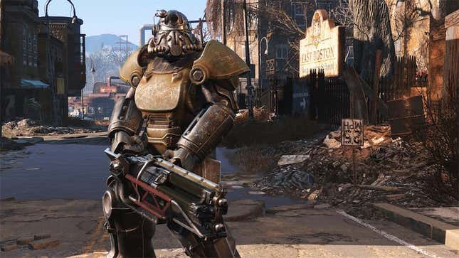 A power armor wearing soldier standing in a street from Fallout 4. 