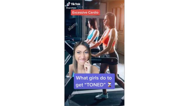 Woman making a disgusted face over a photo of women on treadmills. Text says "what girls do to get "TONED"" and "excessive cardio"