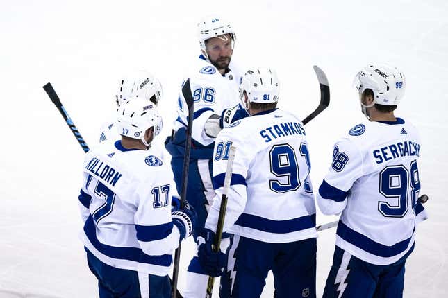 Mar 16, 2023; Newark, New Jersey, USA; Tampa Bay Lightning center Steven Stamkos (91) celebrates with teammates after scoring a goal against the New Jersey Devils during the third period at Prudential Center.