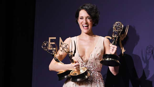 Fleabag creator-star Phoebe Waller-Bridge and three statues she didn’t have to swipe from Godmother