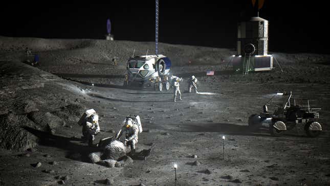 Artist’s conception of a late-stage Artemis base camp near the lunar south pole. 