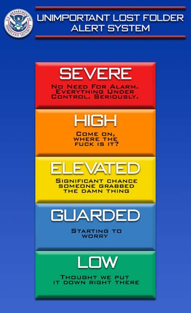 Image for article titled Dept. Of Homeland Security: 'Has Anybody Seen A Blue Folder?'
