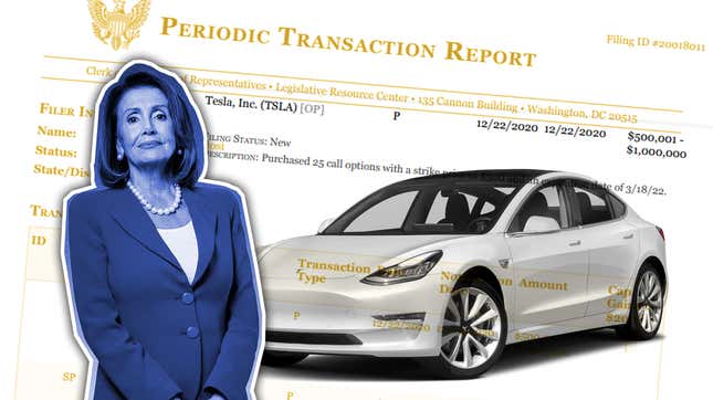Image for article titled Nancy Pelosi Buying Tesla Stock Options Isn&#39;t Illegal, But It&#39;s Not Great, Either