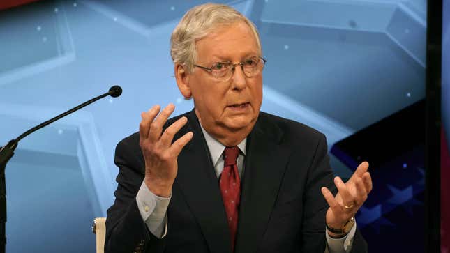 Image for article titled Sen. Mitch McConnell Chuckles Like a Cartoon Villain When Asked Why He Left Americans to Die